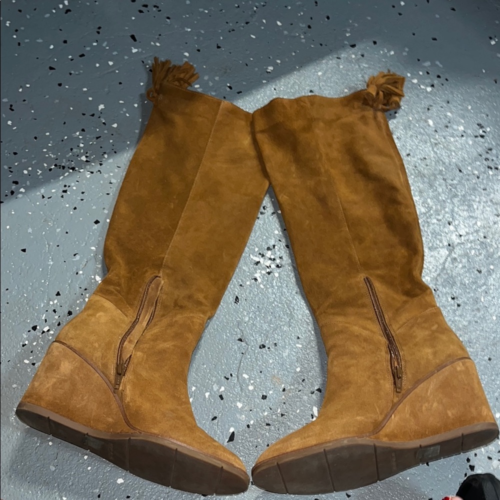 ANTONIO MELANI Suede Tall Wedge Boots in Chestnut Brown